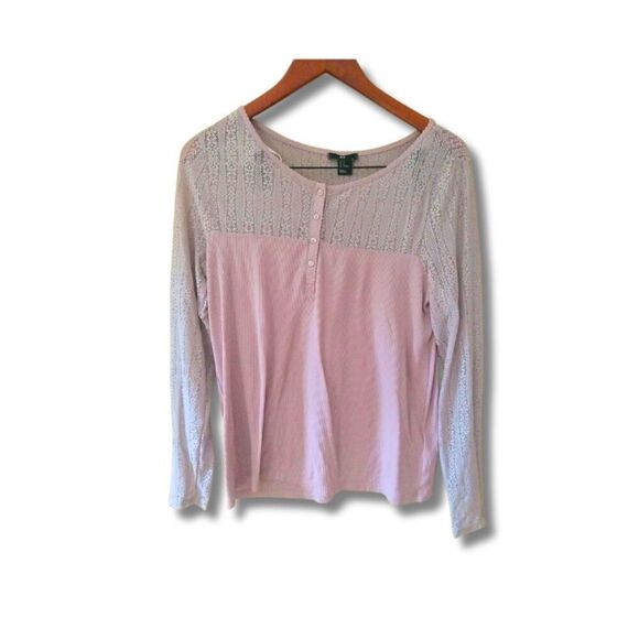 H&M Shirt Women Size M Blush Pink Lace Henley Long Sleeve Romantic Knit Pullover - Picture 2 of 8